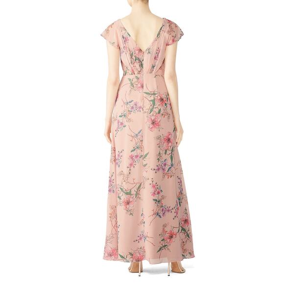 MONIQUE LHUILLIER Pink Floral Crepe Short Sleeve Floral Gwen Gown Size 6 - Picture 3 of 14
